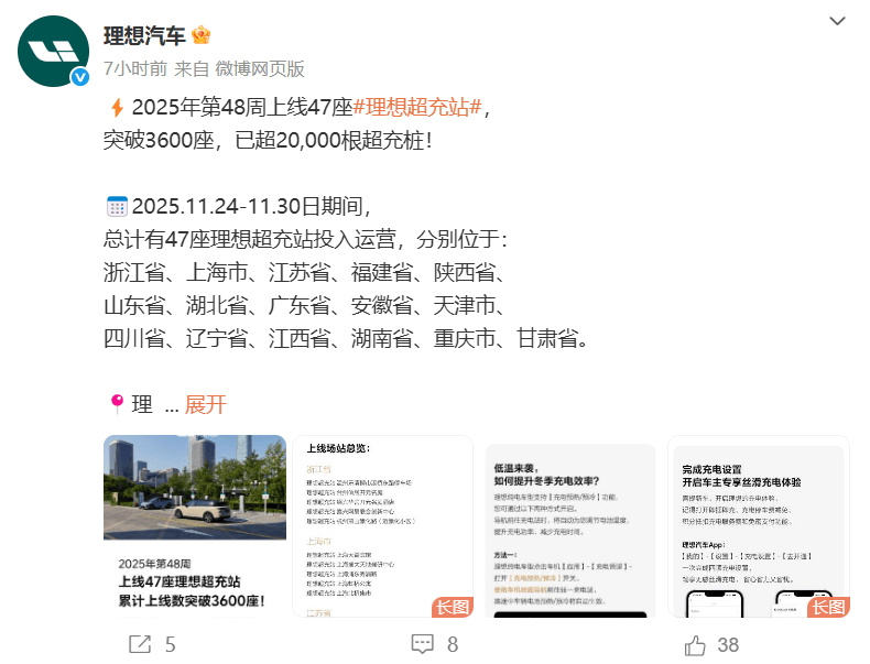 覆盖超260城、日增4站,理想超充网络累计建成20000根充电桩